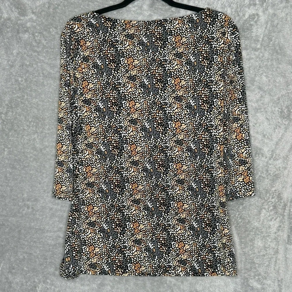 East 5th L Large‎ Shirt Top Gray Brown Abstract 3/4 Sleeve Cowl Neck Stretch - Picture 4 of 6